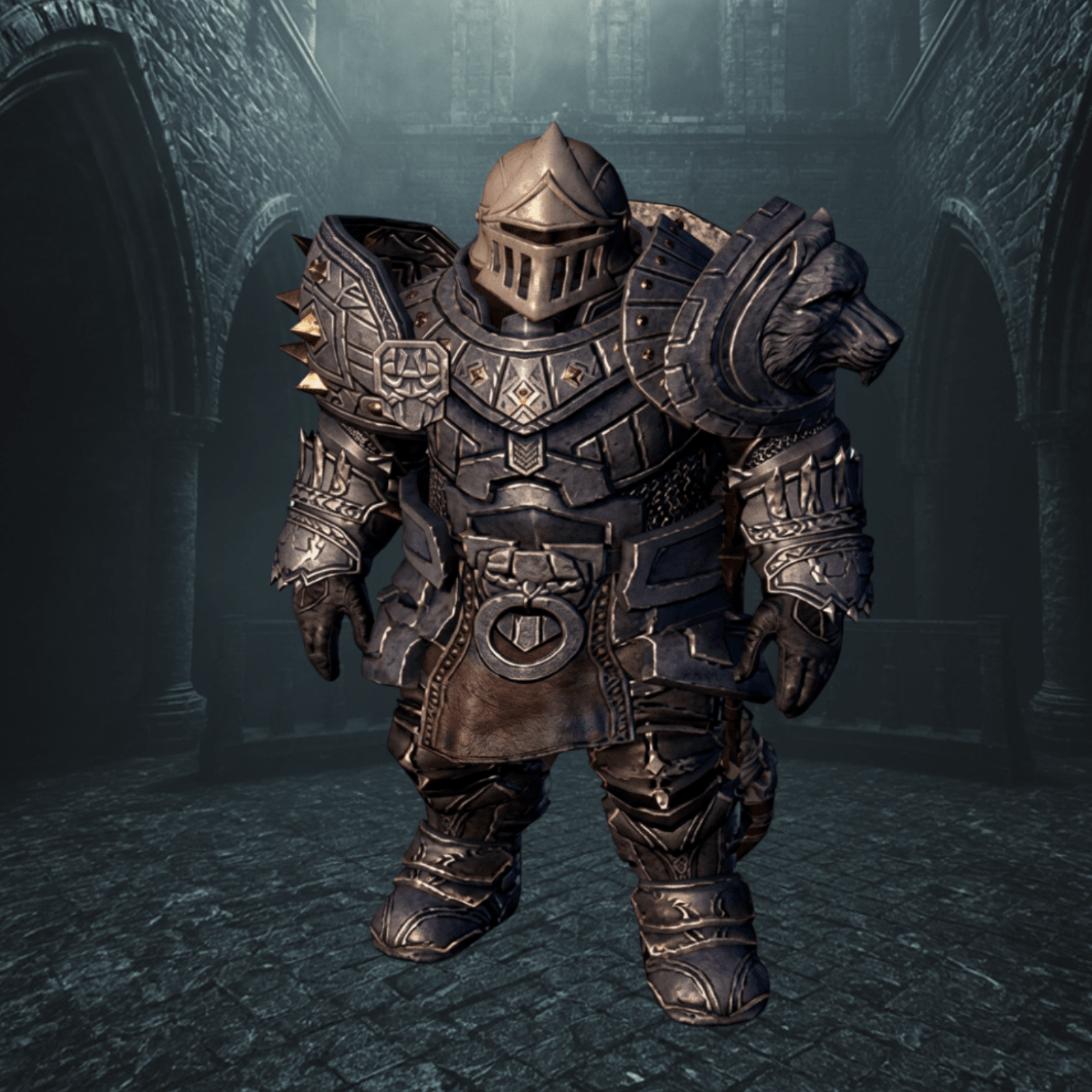 Popcorn of Rabble Rousers wearing heavy armor in a stone hall