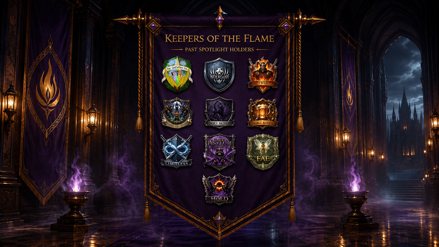 Keepers of the Flame banner with the crests of all guilds in the Per Unitatem Vis alliance
